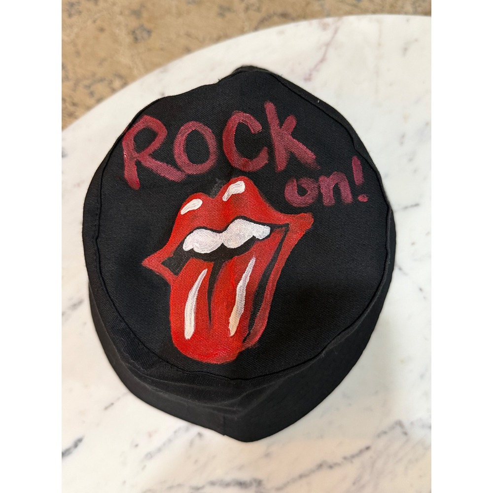 Custom Hand Painted Rolling Stones Rock On Black Bucket Hat Streetwear